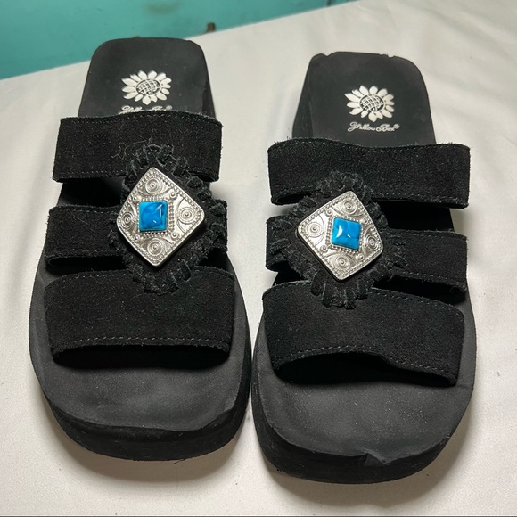 Yellow Box Black Suede Platform Slip-On Sandals with Turquoise and Silver Accent - Picture 2 of 12
